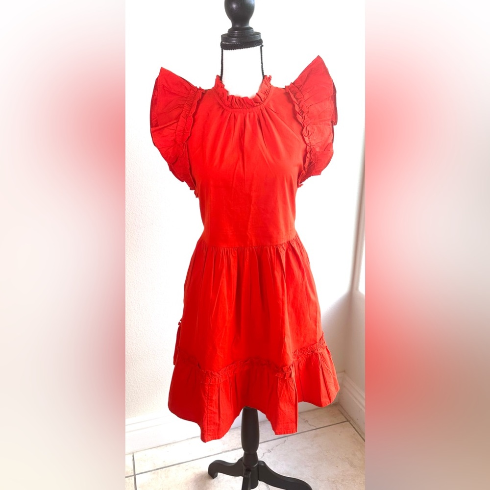 House of Harlow 1960 Flutter Sleeve Orange Mini Dress Sz S Tiered Ruffled Bottom